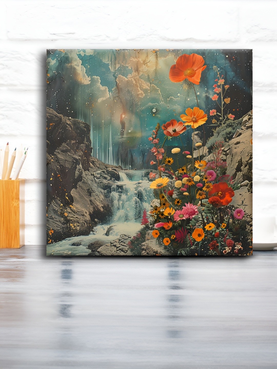

OLIVE TREE Blue & Orange Floral and Botanical Canvas Wall Painting