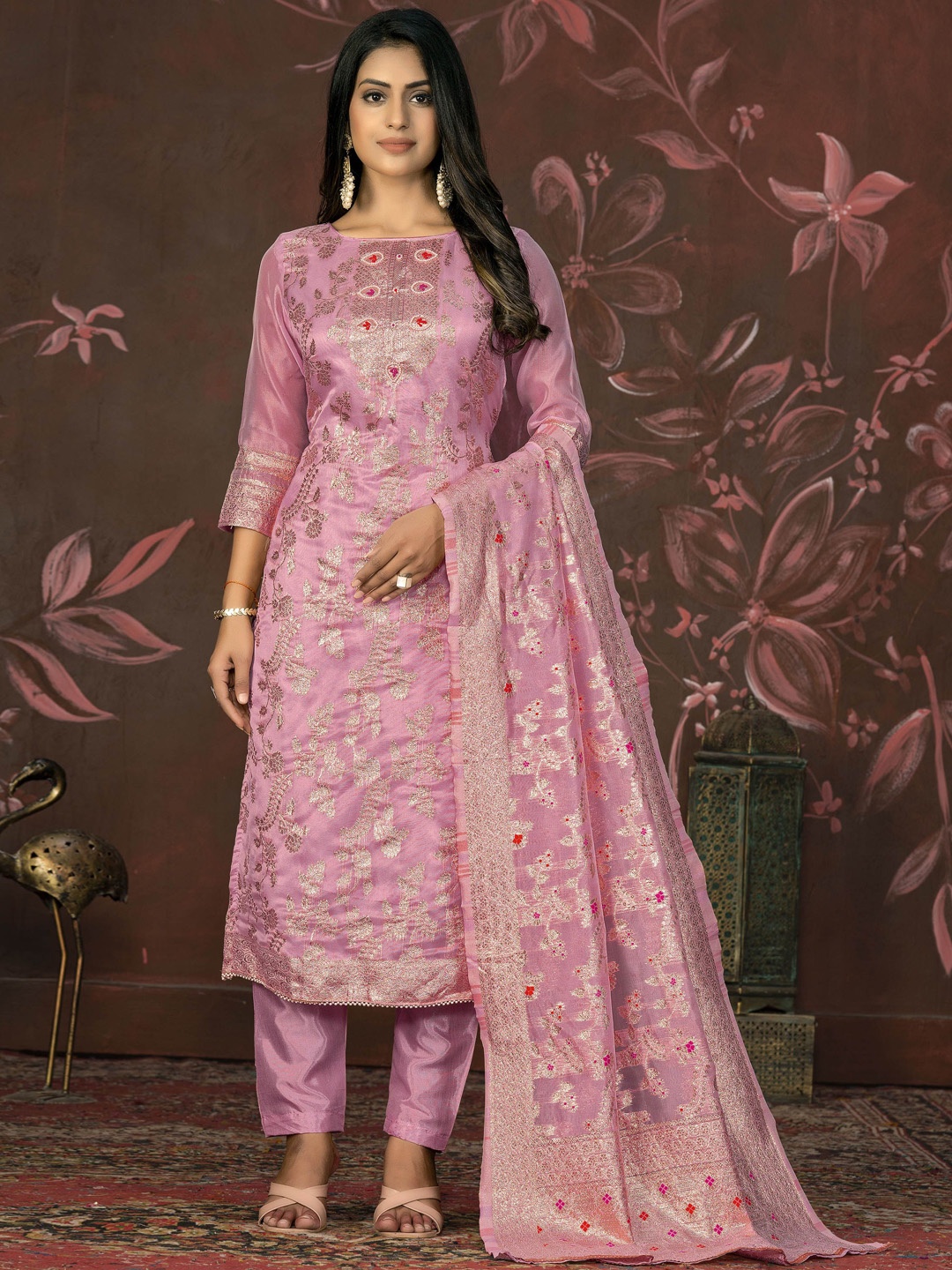 

Maroosh Ethnic Motifs Woven Design Banarasi Zari Unstitched Dress Material, Pink