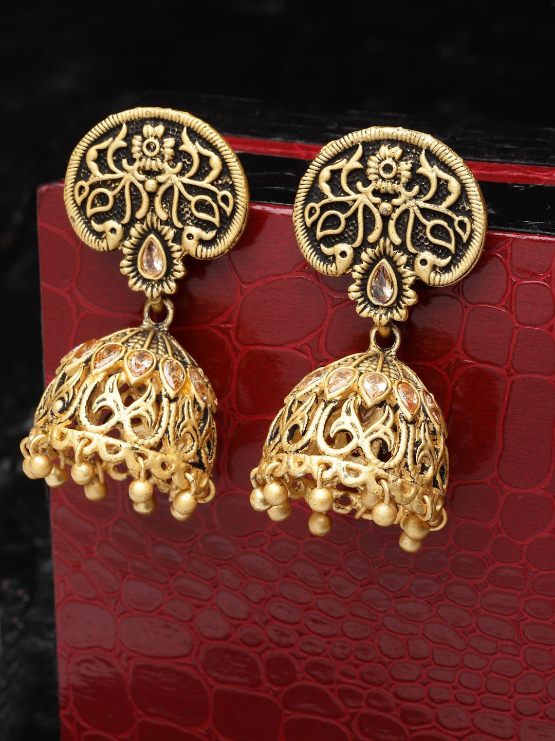 

Anouk Gold-Plated Artificial Stones Studded Contemporary Jhumkas Earrings