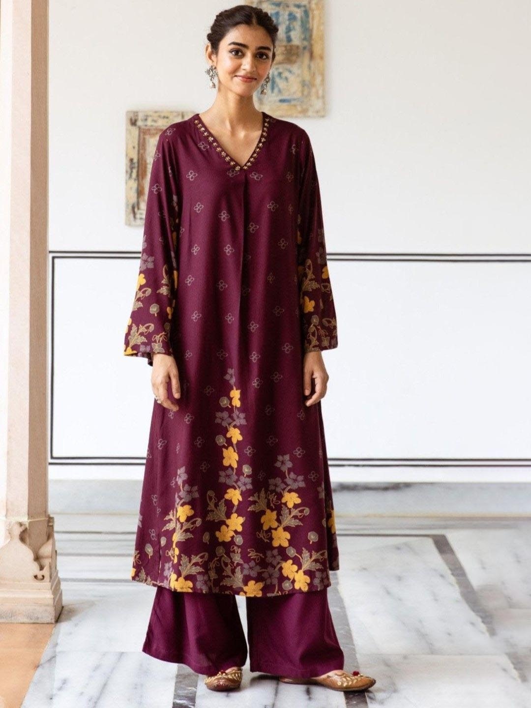 

AUTUMN LANE Floral Printed Beads and Stones Pure Cotton Straight Kurta With Palazzo, Maroon