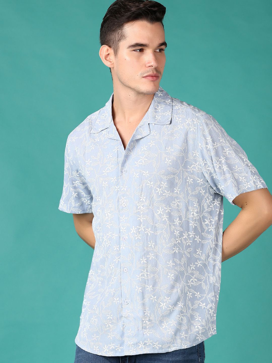

V-Mart Men Cuban Collar Floral Printed Casual Shirt, Blue