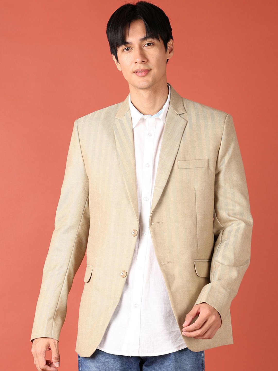

V-Mart Notched Lapel Collar Cotton Single Breasted Blazer, Khaki