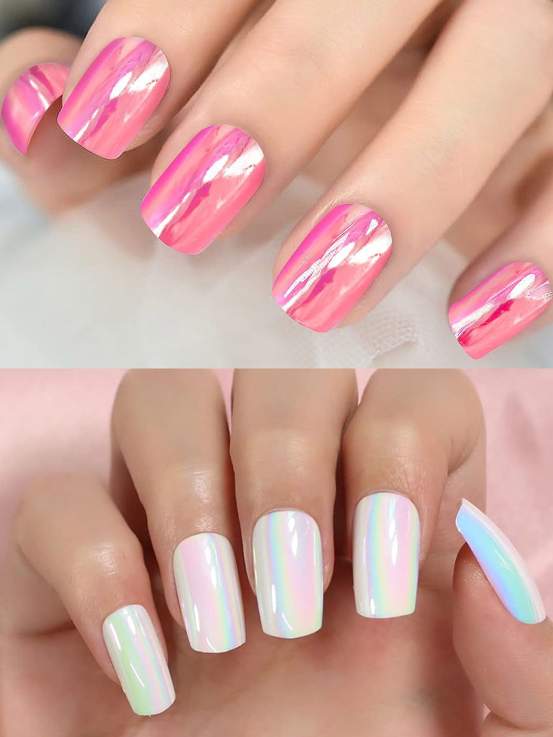 

PRIVIU Set Of 24 Metallic Duochrome Stick-On Nails, Pink