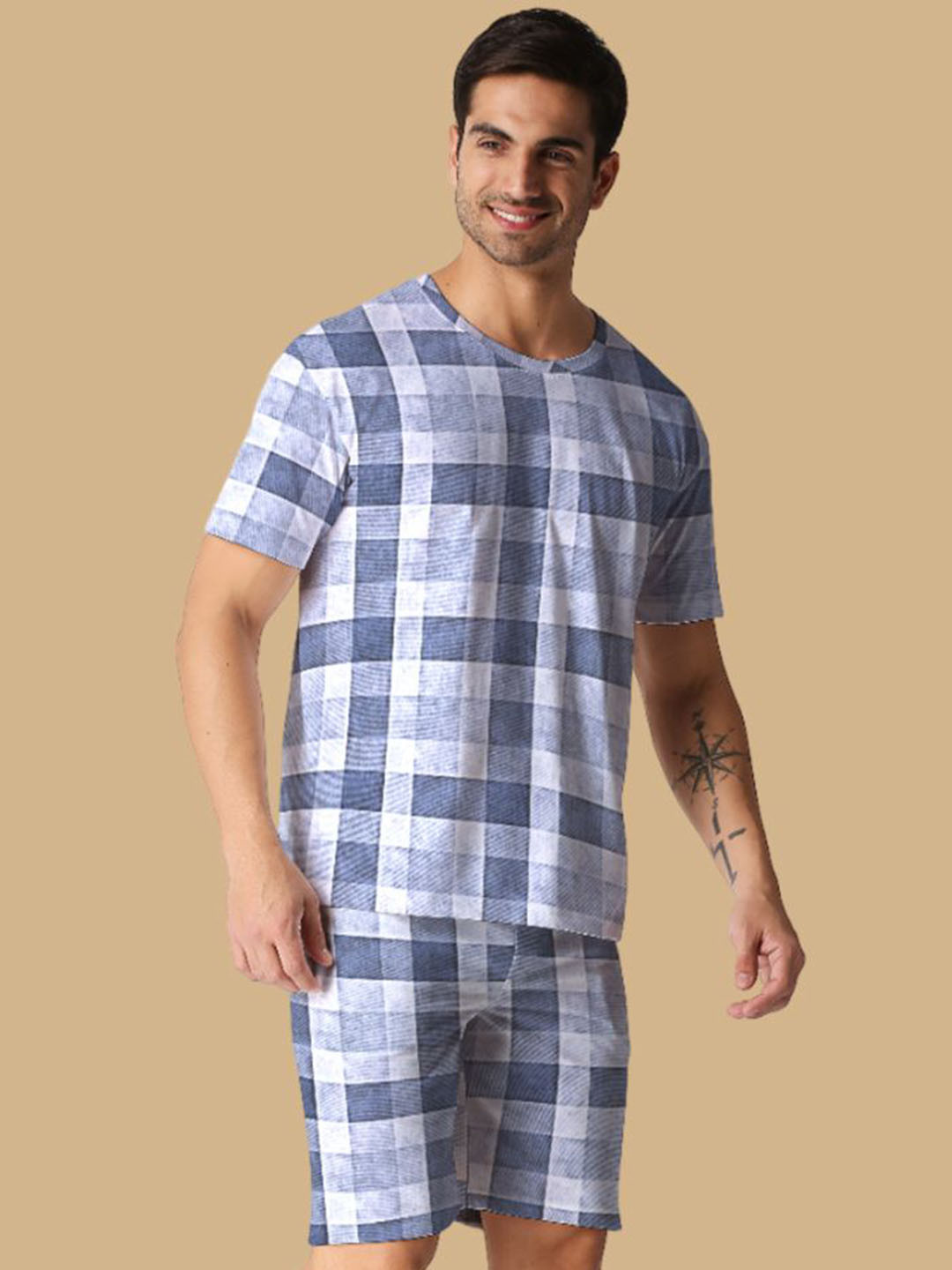 

Wear Your Opinion Checked Round Neck T-Shirt With Shorts Co-Ords, Navy blue