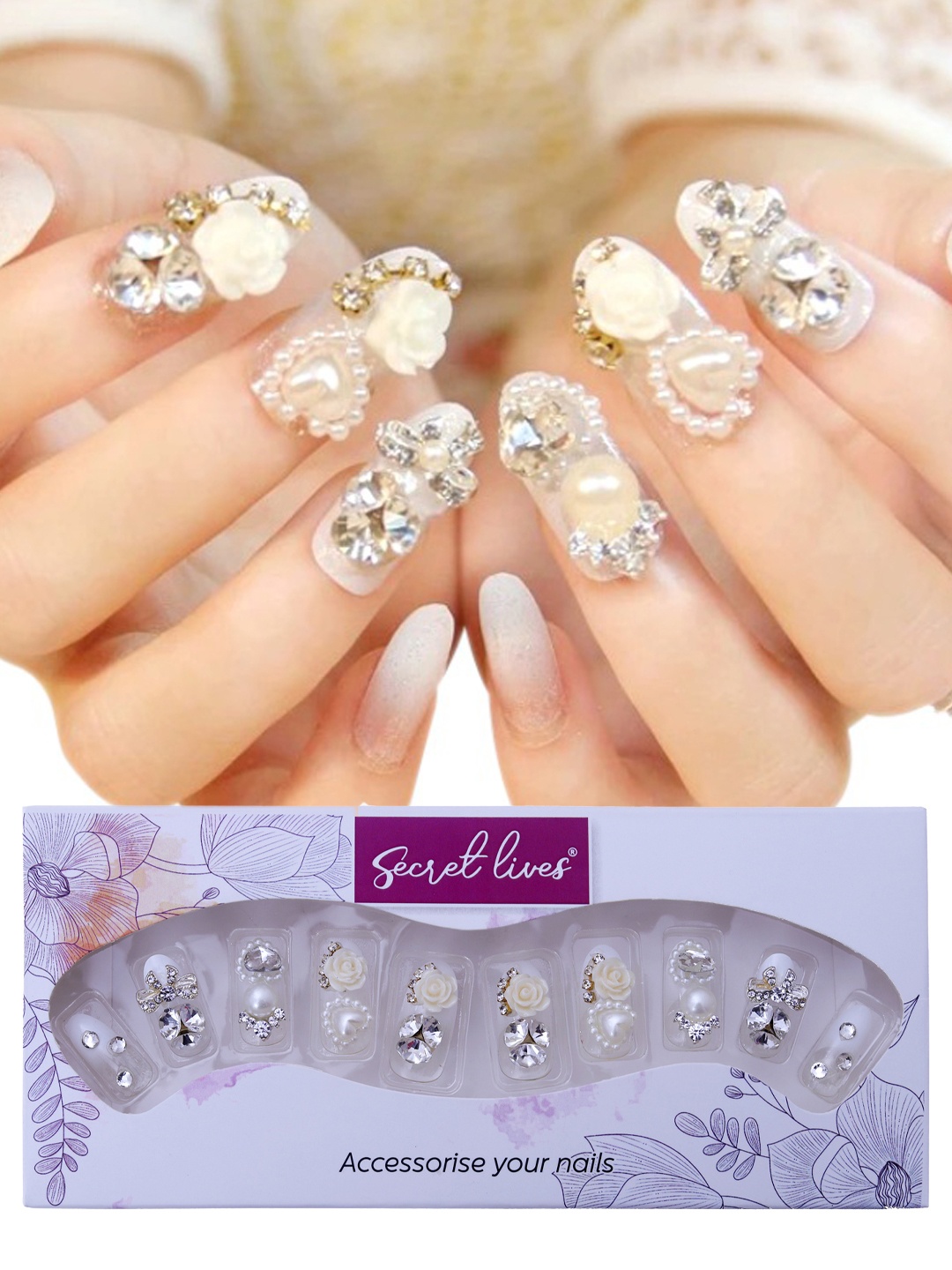 

Secret Lives 24 Pieces 3D Flowers Stones Bow Pearls Fake Nail Extensions, Cream