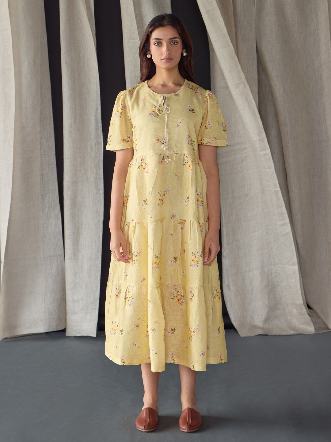 

Bombay Bloom Women Floral Printed A-Line Midi Dress, Yellow