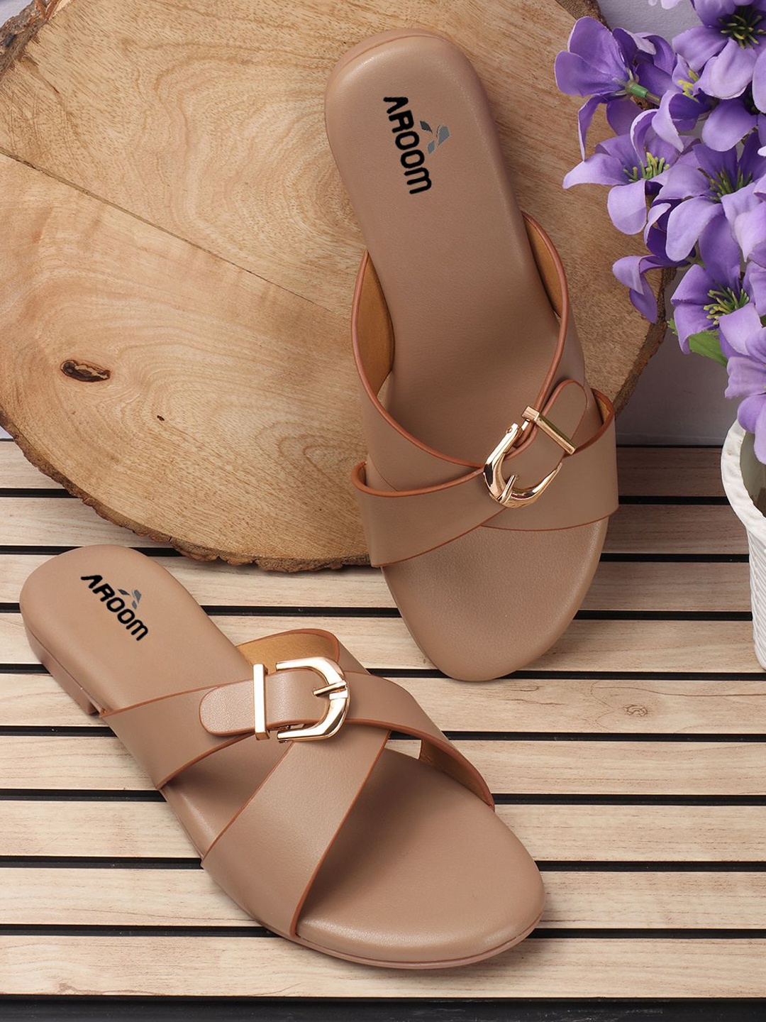 

AROOM Women Open Toe Flats With Buckle Details, Taupe