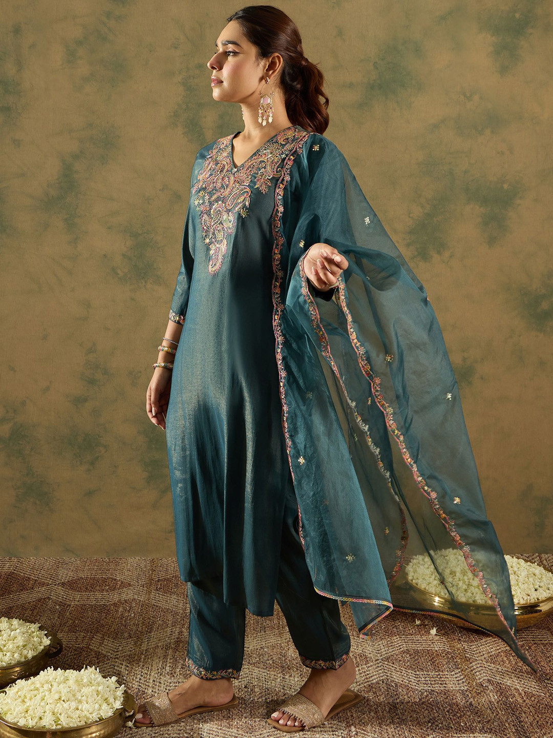 

Indo Era Ethnic Motifs Embroidered Liva Kurta With Trousers & Dupatta, Green