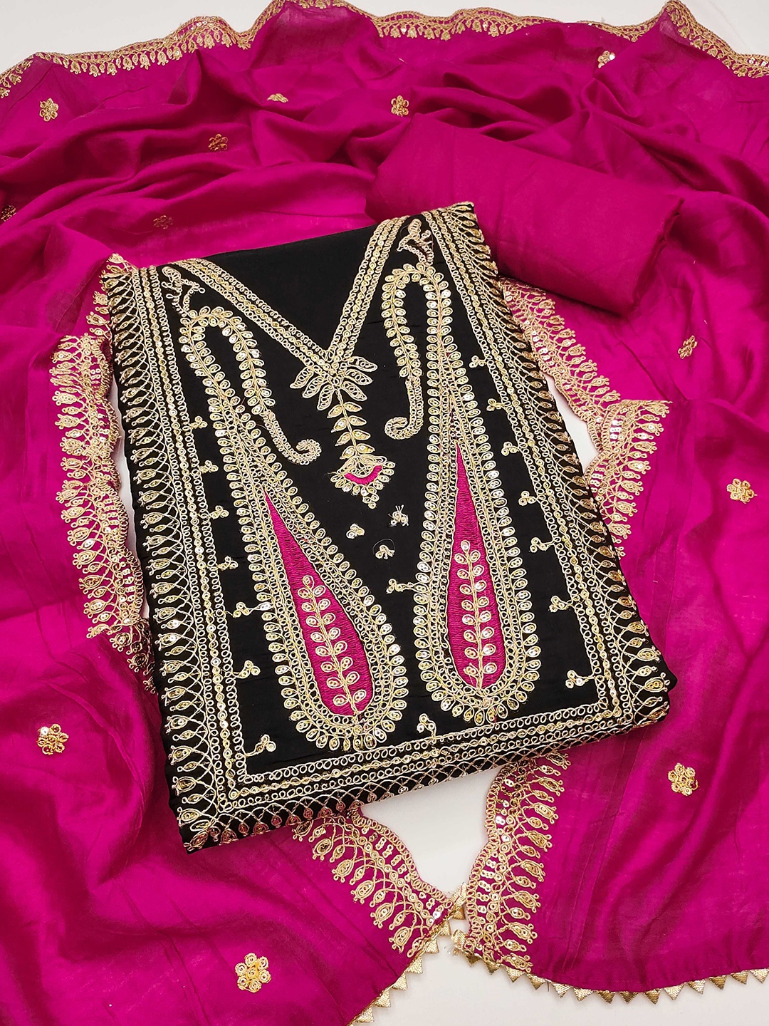 

Panzora Ethnic Motifs Embroidered Sequinned Unstitched Dress Material, Black