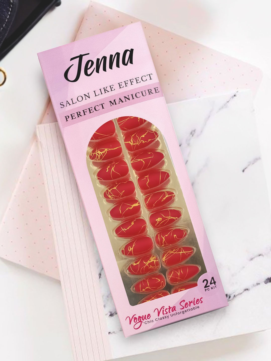 

JENNA 24 Pcs French Tip Almond Shape Press-On Acrylic Artificial Nails - Red