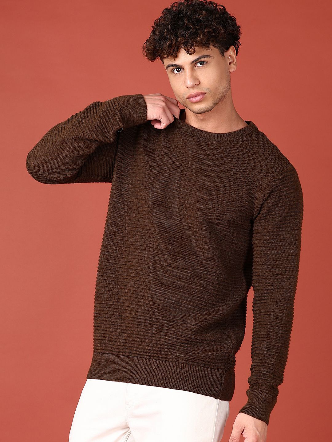 

V-Mart Men Self Design Round Neck Pullover, Brown