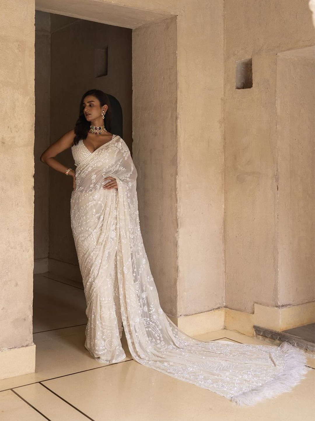 

MAHALASA Floral Embroidered Pure Georgette Saree, White