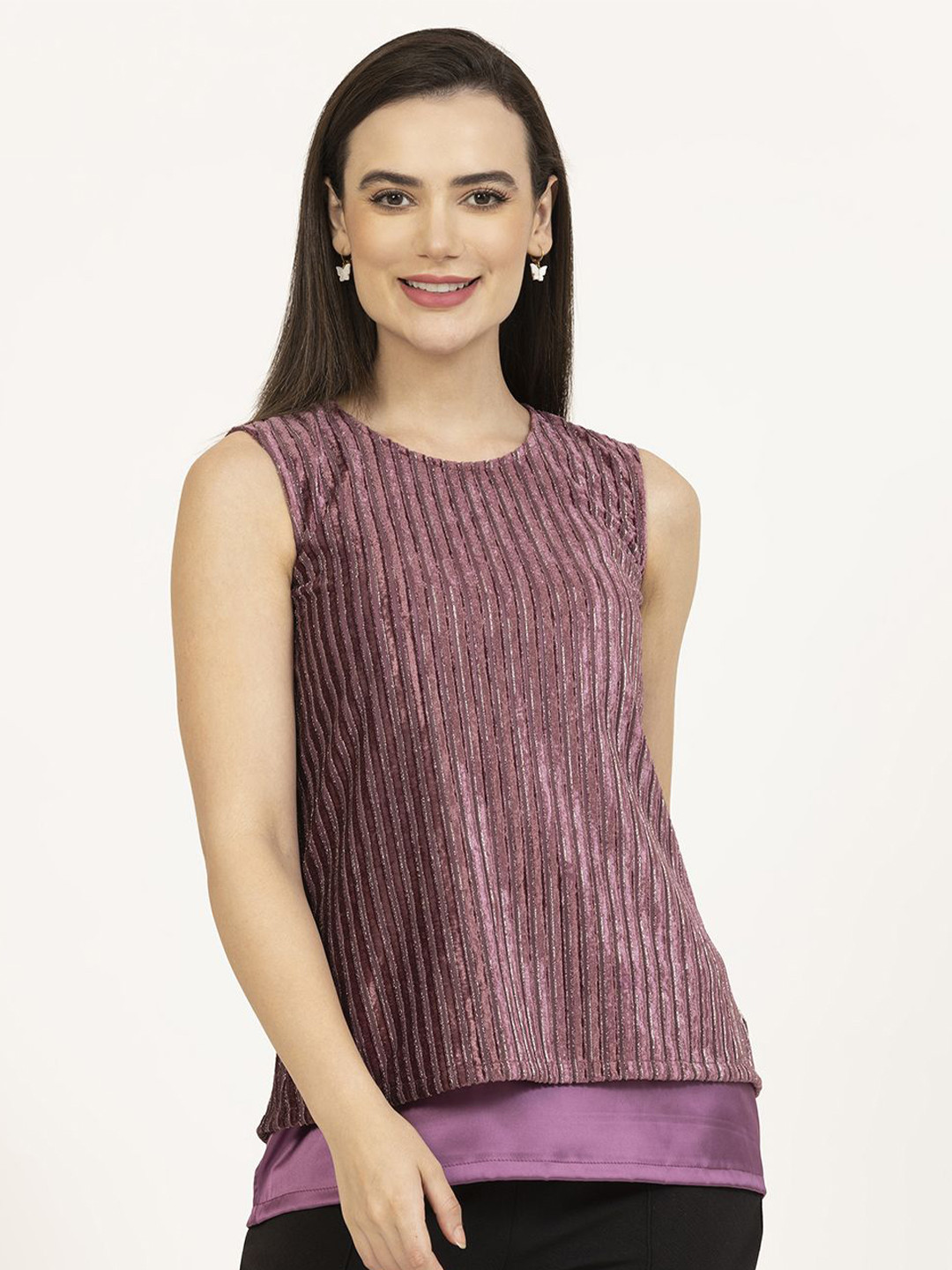 

OFFICE & YOU Women Striped Velvet Top, Purple