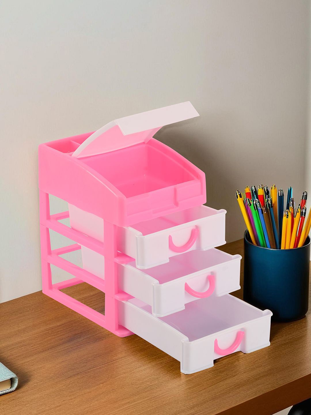 

Kuber Industries Pink & White Reusable 4-Tier Desk Organiser