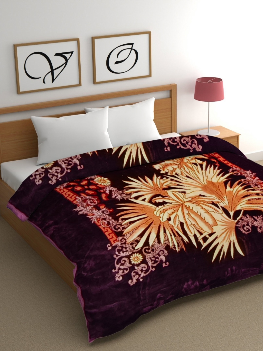 

CG HOMES Purple & Brown Floral Mink Heavy Winter 350 GSM Double Bed Blanket