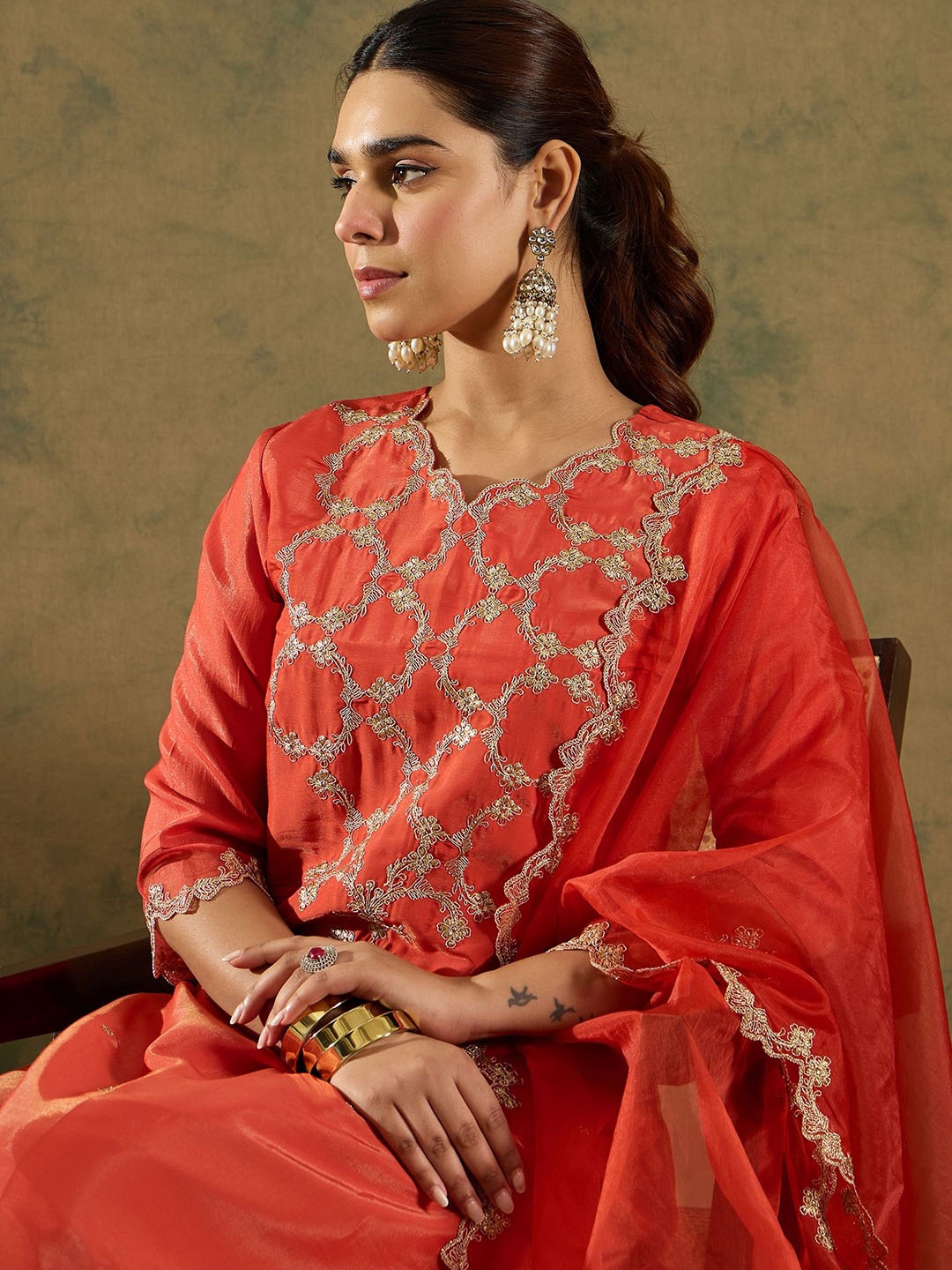 

Indo Era Ethnic Motifs Embroidered Kurta With Trousers & Dupatta, Rust