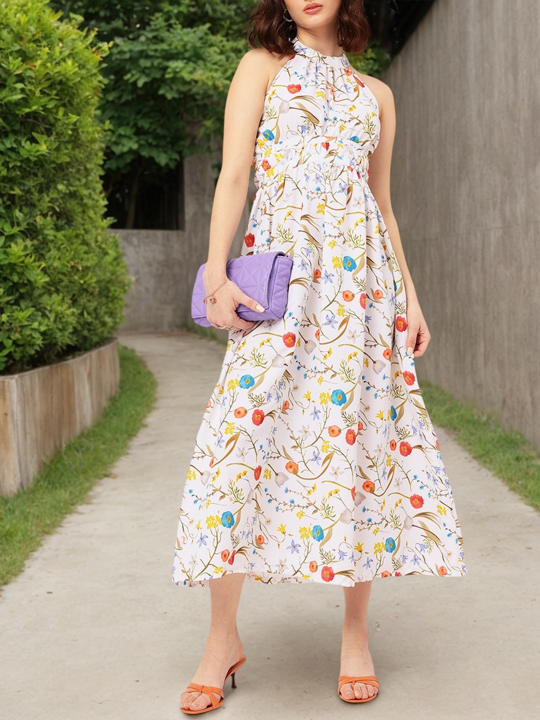 

DressBerry Always Adorable Floral Printed Fit & Flare Open Back Midi Dress, White