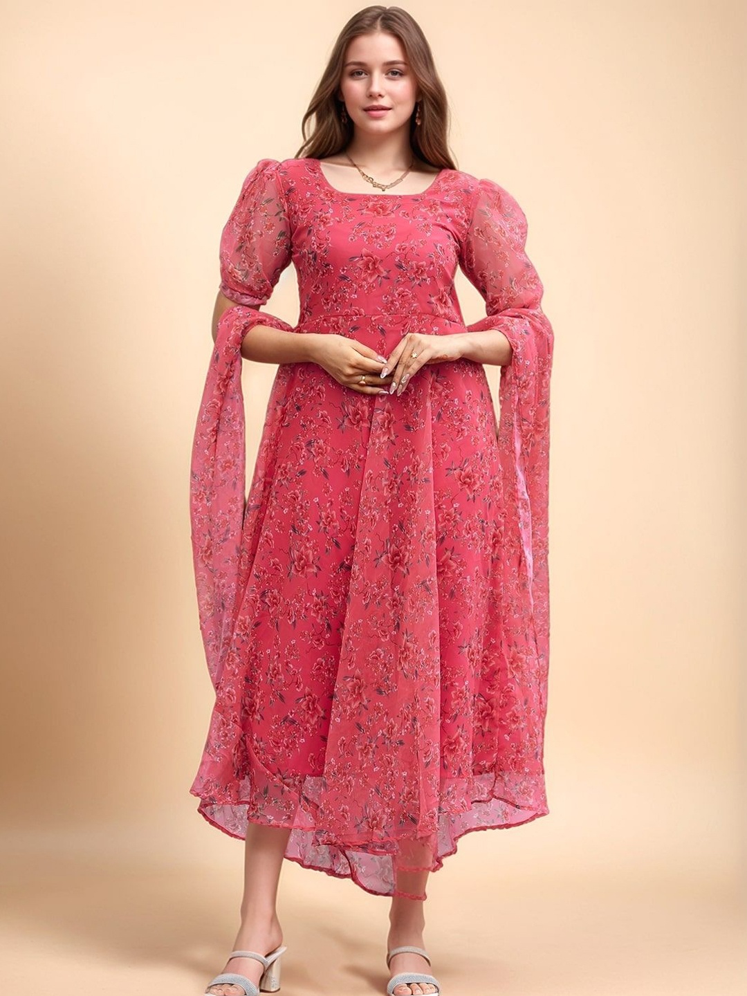 

all about you Women Printed Maxi Ethnic Dress With Dupatta, Pink