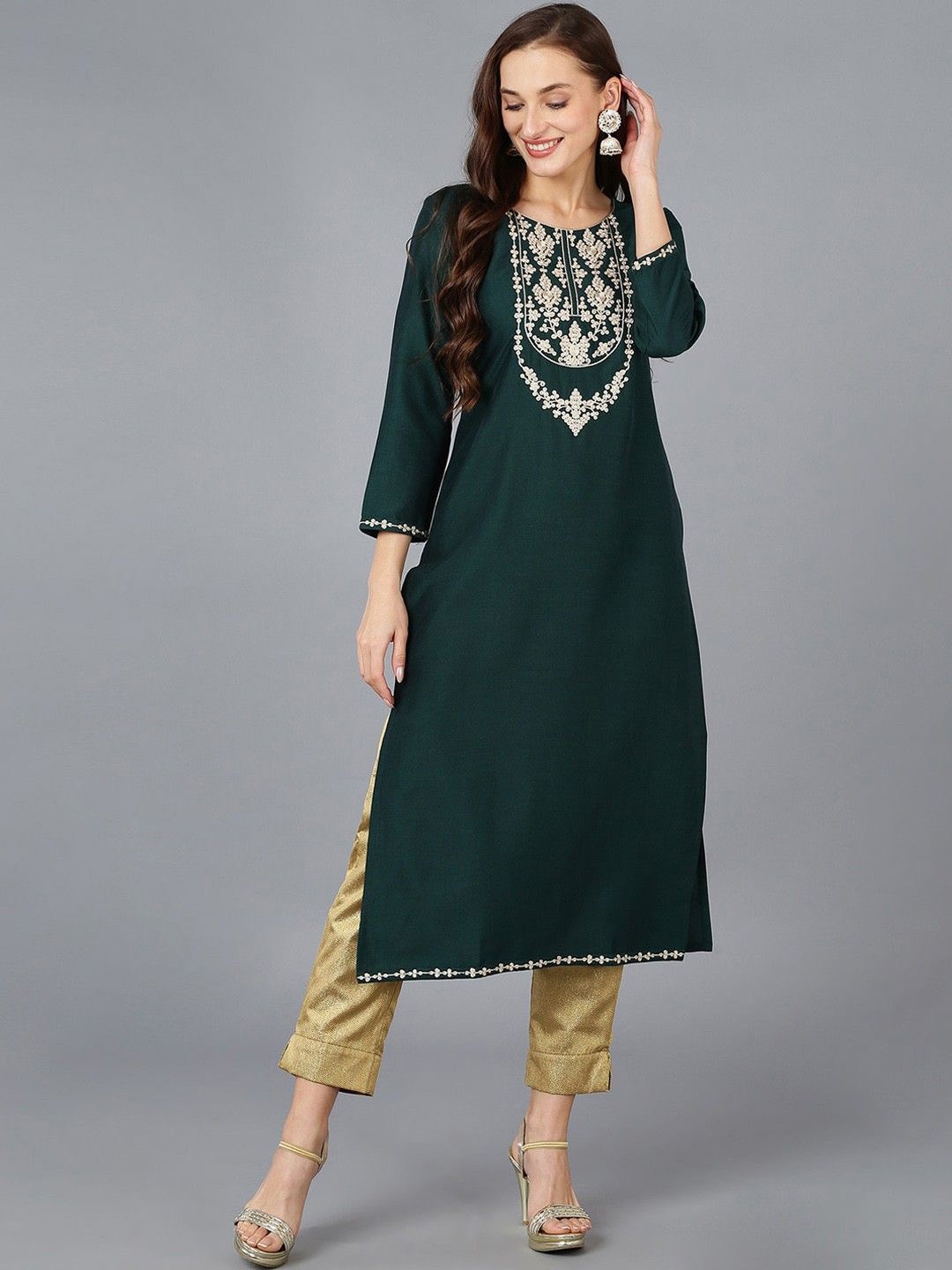 

KALINI Floral Embroidered Thread Work Straight Kurta, Green
