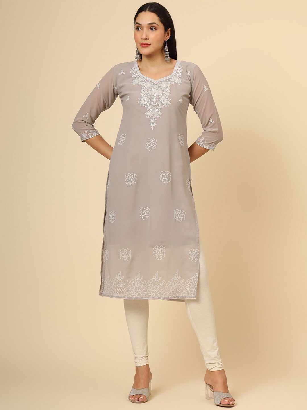 

HERE&NOW Floral Embroidered Georgette Straight Kurta, Grey