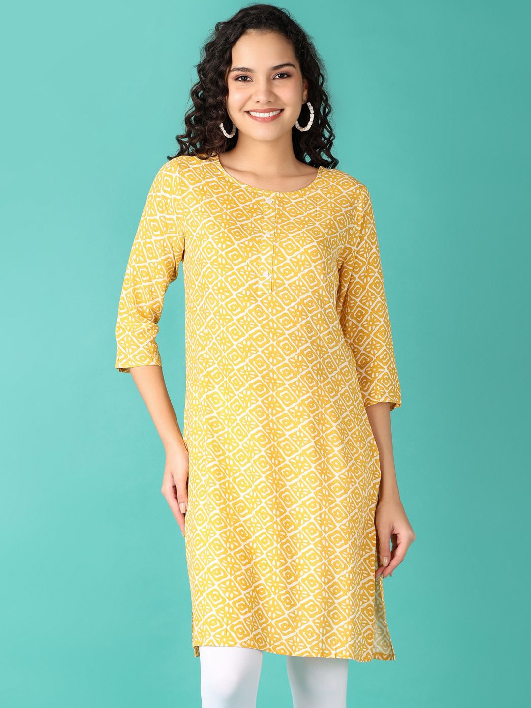 

V-Mart Geometric Printed Round Neck Three Quarter Sleeves Straight Kurta, Mustard
