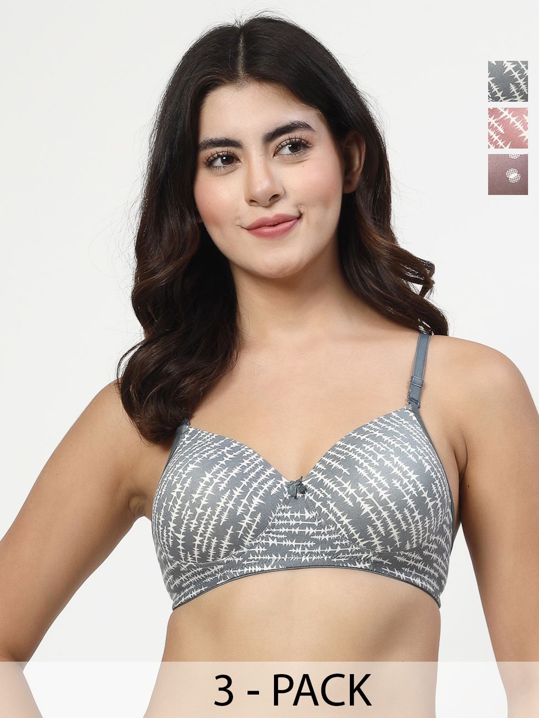 

Docare Pack Of 3 Cotton Printed Underwired Full Coverage Lightly Padded Push-Up Bra, Brown