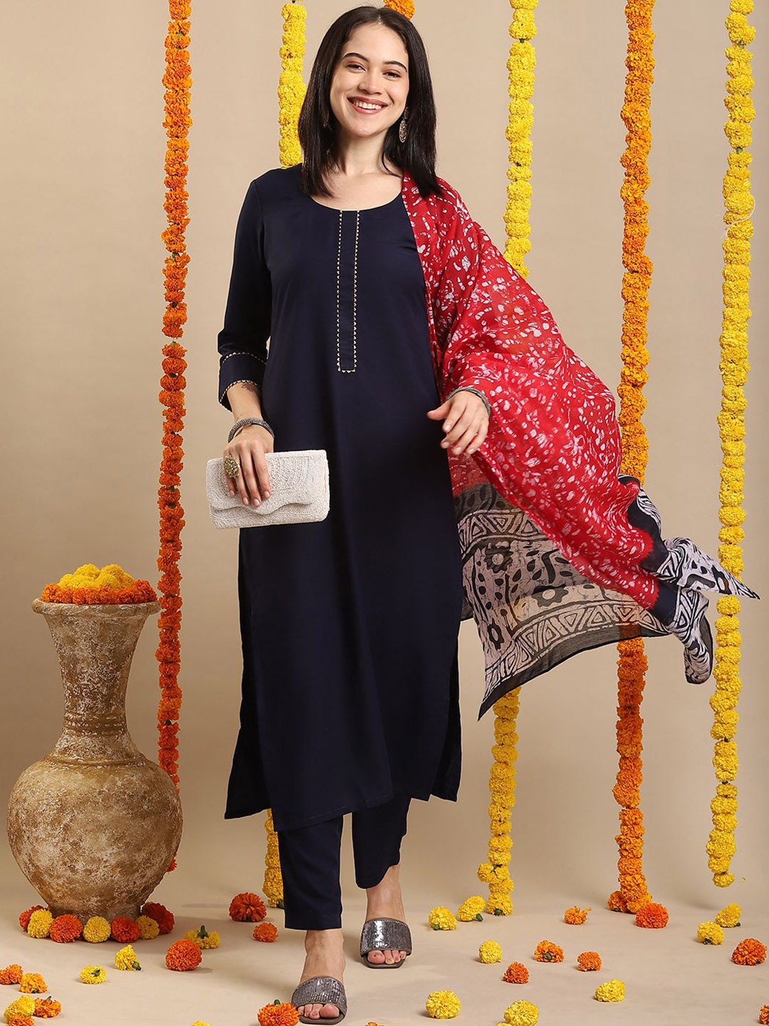 

KALINI Round Neck Straight Kurta with Trouser & Dupatta, Navy blue