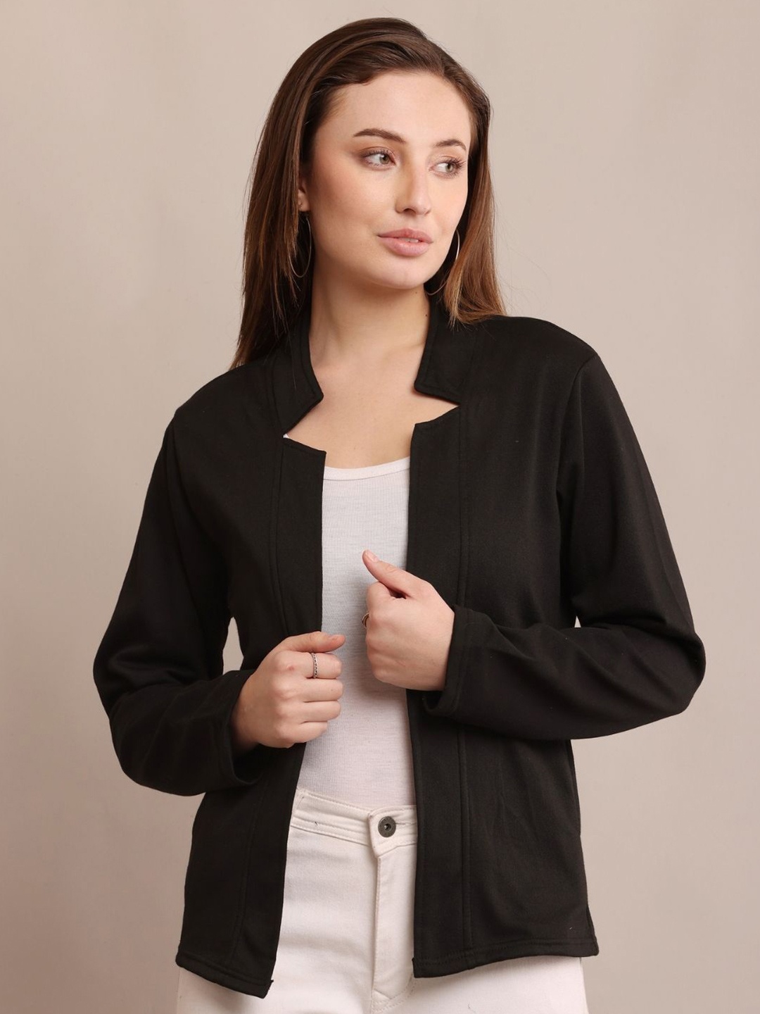 

Raabta Fashion Long Sleeves Fleece Cotton Open Front Shrug, Black