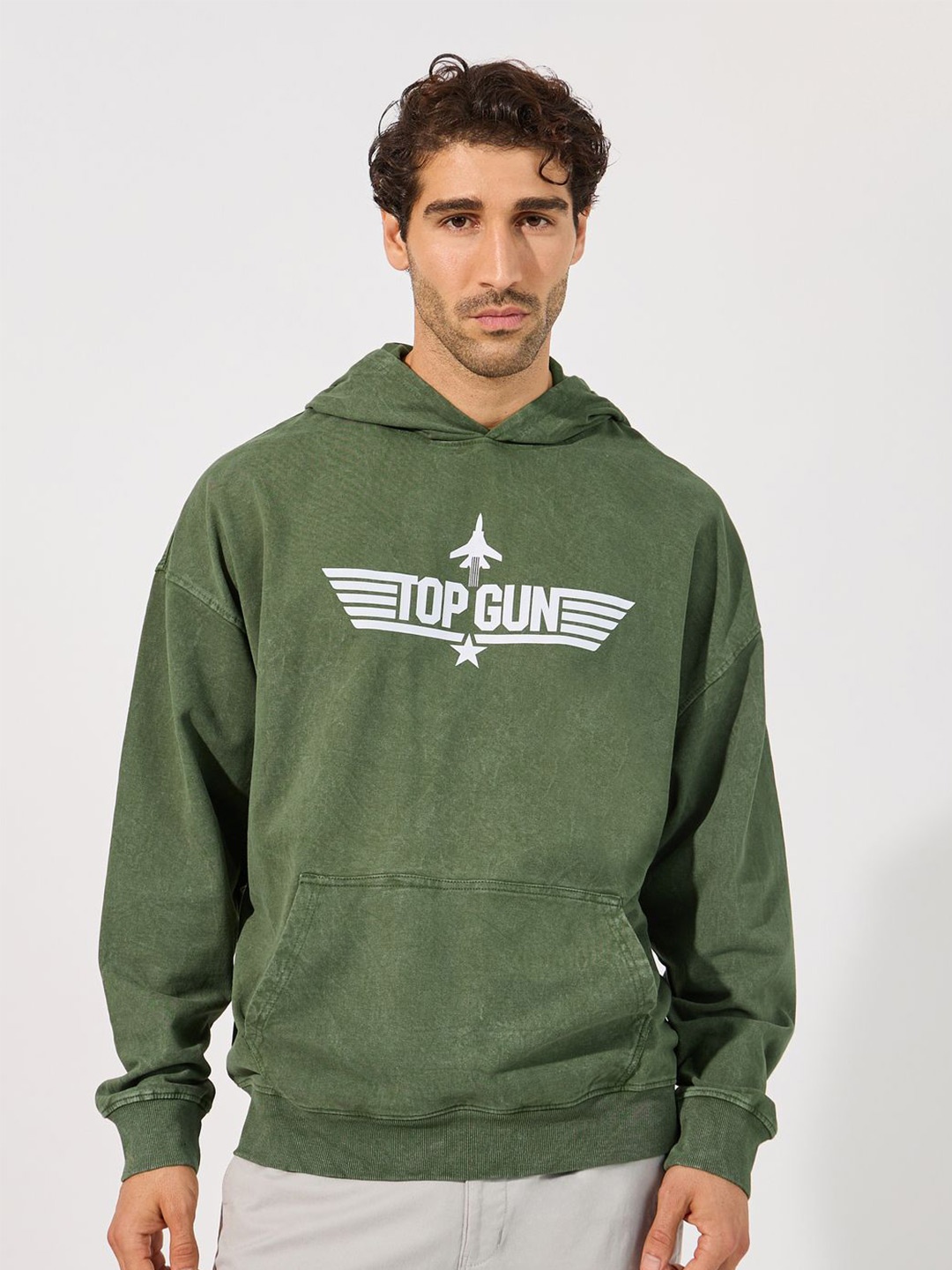 

Styli Typography Printed Pure Cotton Hooded Oversized Pullover, Olive