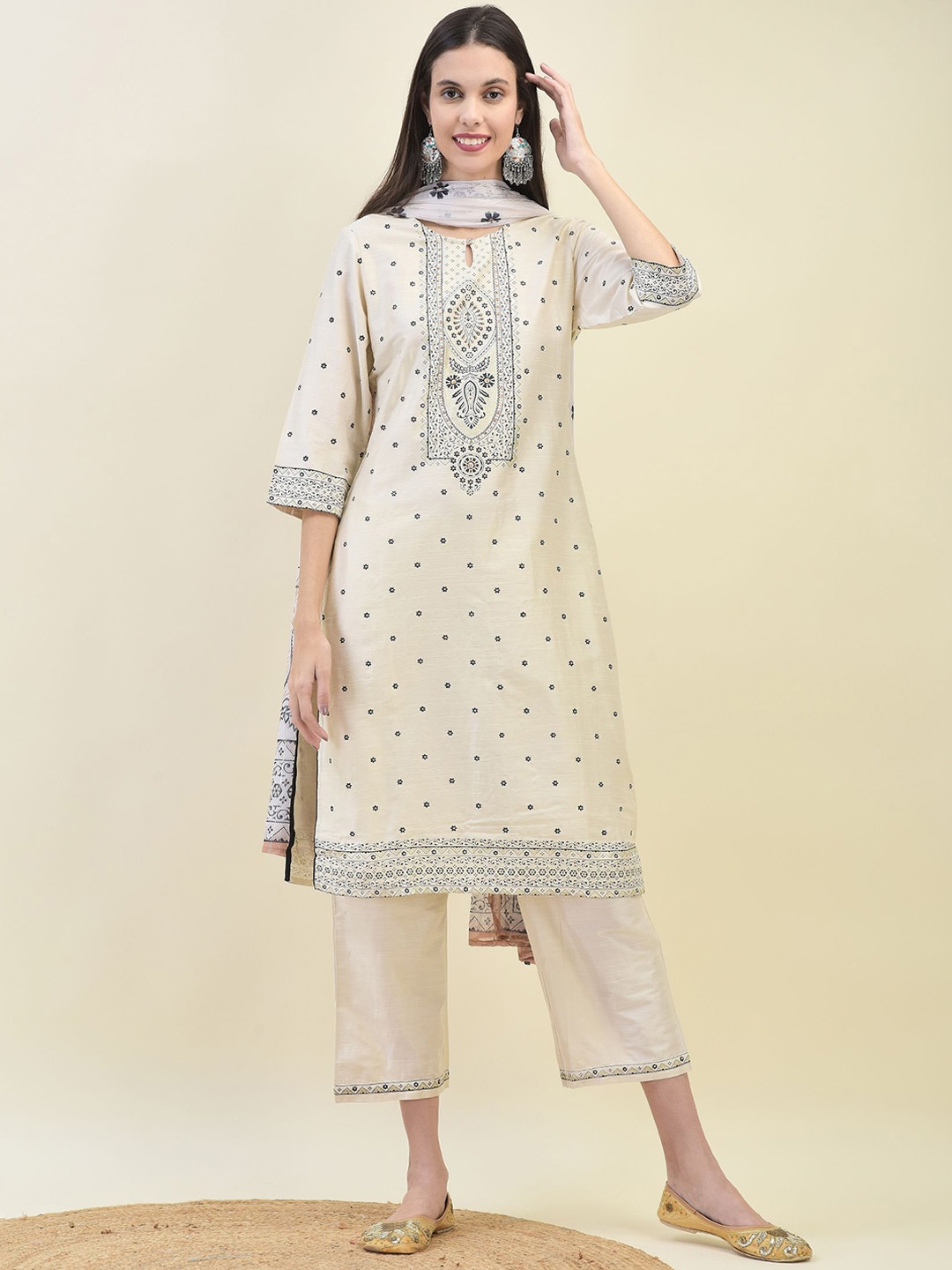 

Shree Floral Printed Straight Kurta with Trousers & Dupatta, Beige