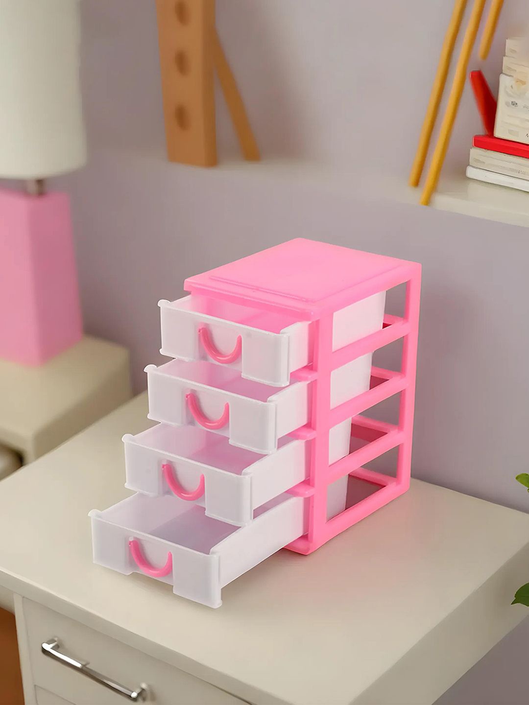 

Kuber Industries White & Pink 2 Pieces Reusable 4-Tier Desk Holder Drawer Organiser