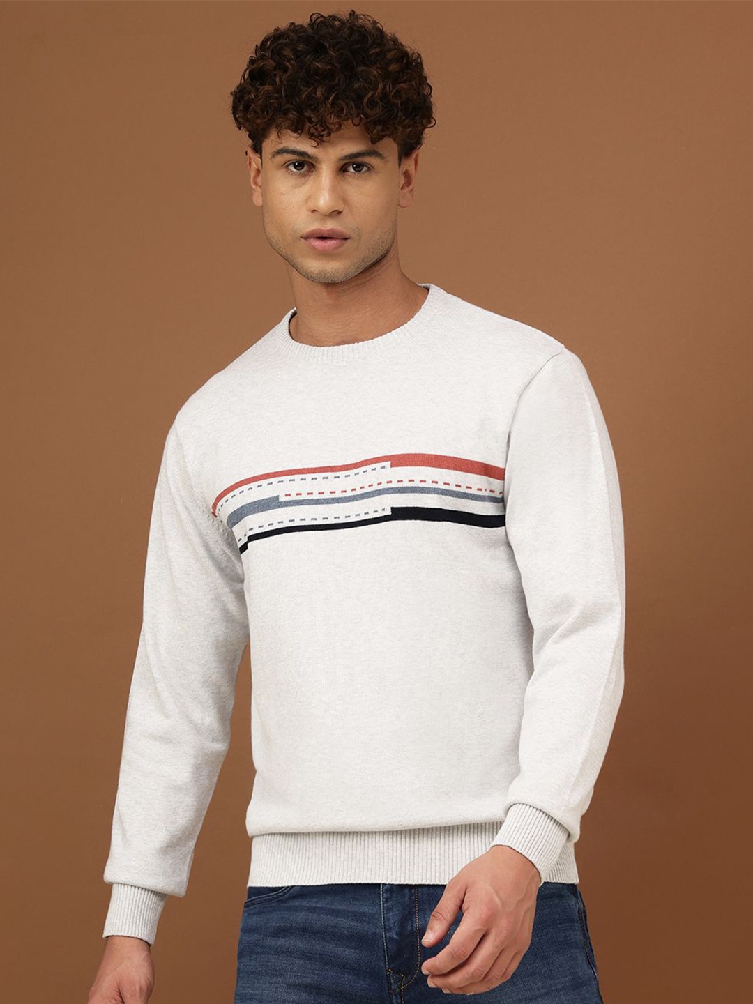

Richlook Men Striped Printed Round Neck Long Sleeves Sweatshirt, Off white