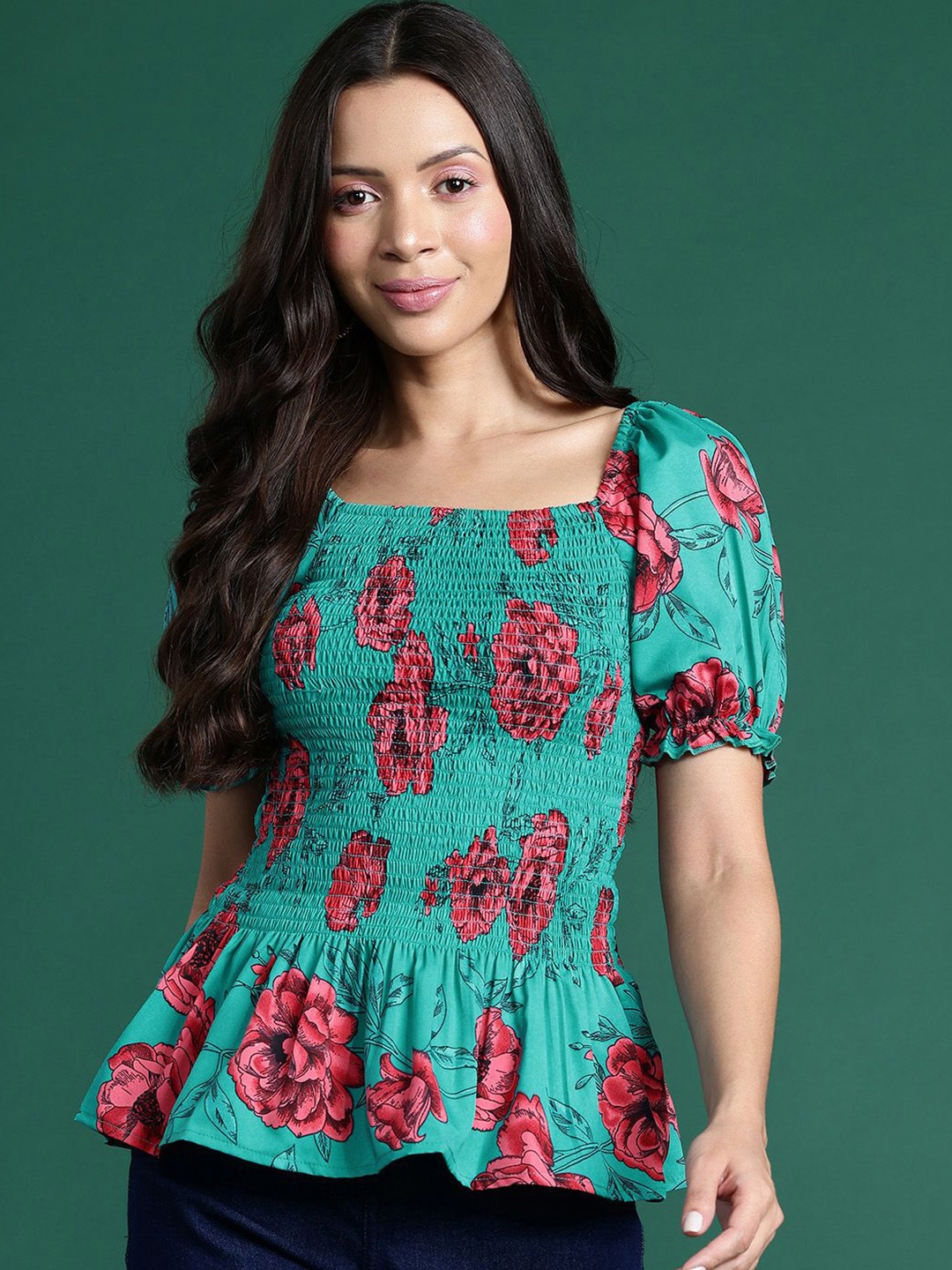 

Deewa Floral Print Puff Sleeve Crepe Top, Green
