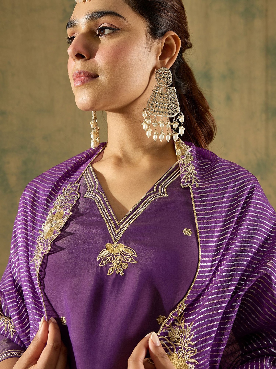 

Indo Era Ethnic Motifs Embroidered Thread Work Kurta With Trousers & Dupatta, Purple