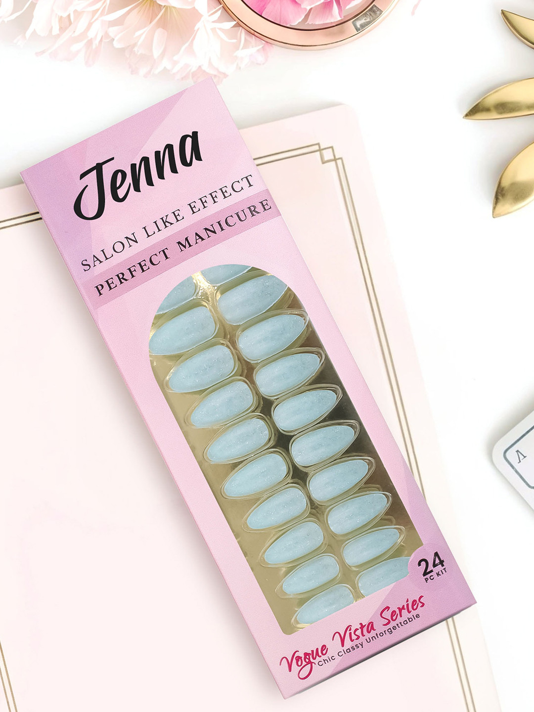 

JENNA Set Of 24 French Tip Press On Acrylic Almond Shape Artificial Nails - Light Blue