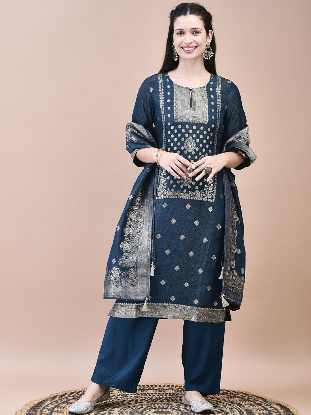 

Shree Floral Woven Design Keyhole Neck Dola Jacquard Zari Kurta with Trousers & Dupatta, Blue