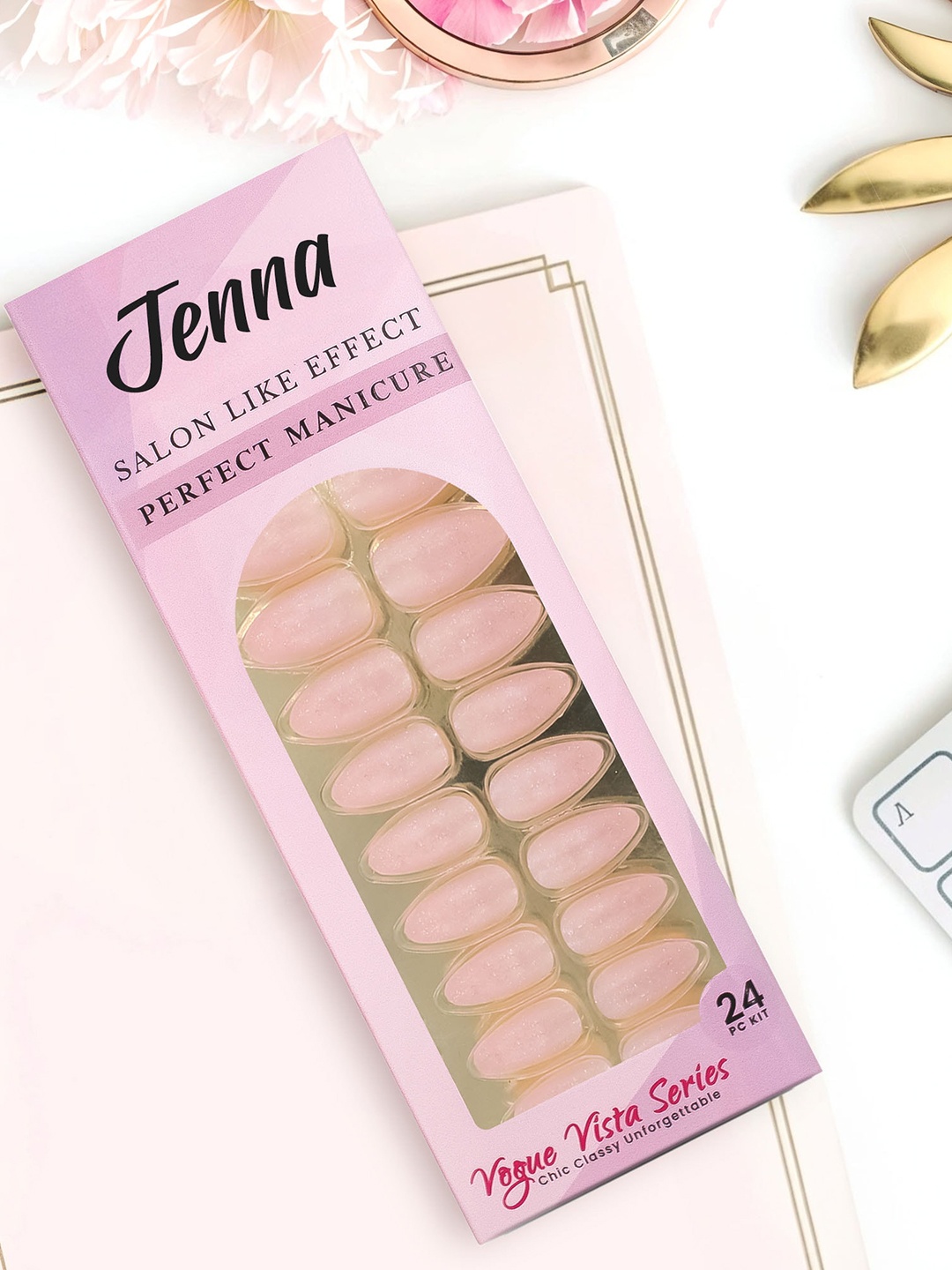 

JENNA Set Of 24 French Tip Press On Acrylic Almond Shape Artificial Nails - Peach