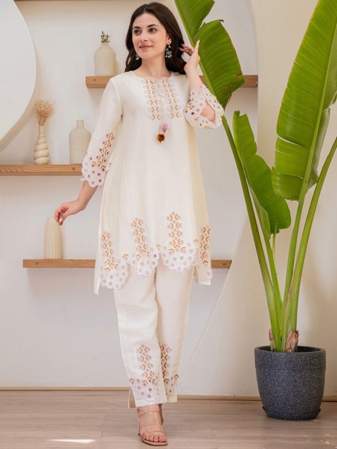 

AUTUMN LANE Embroidered Cotton Tunic & Trouser, White
