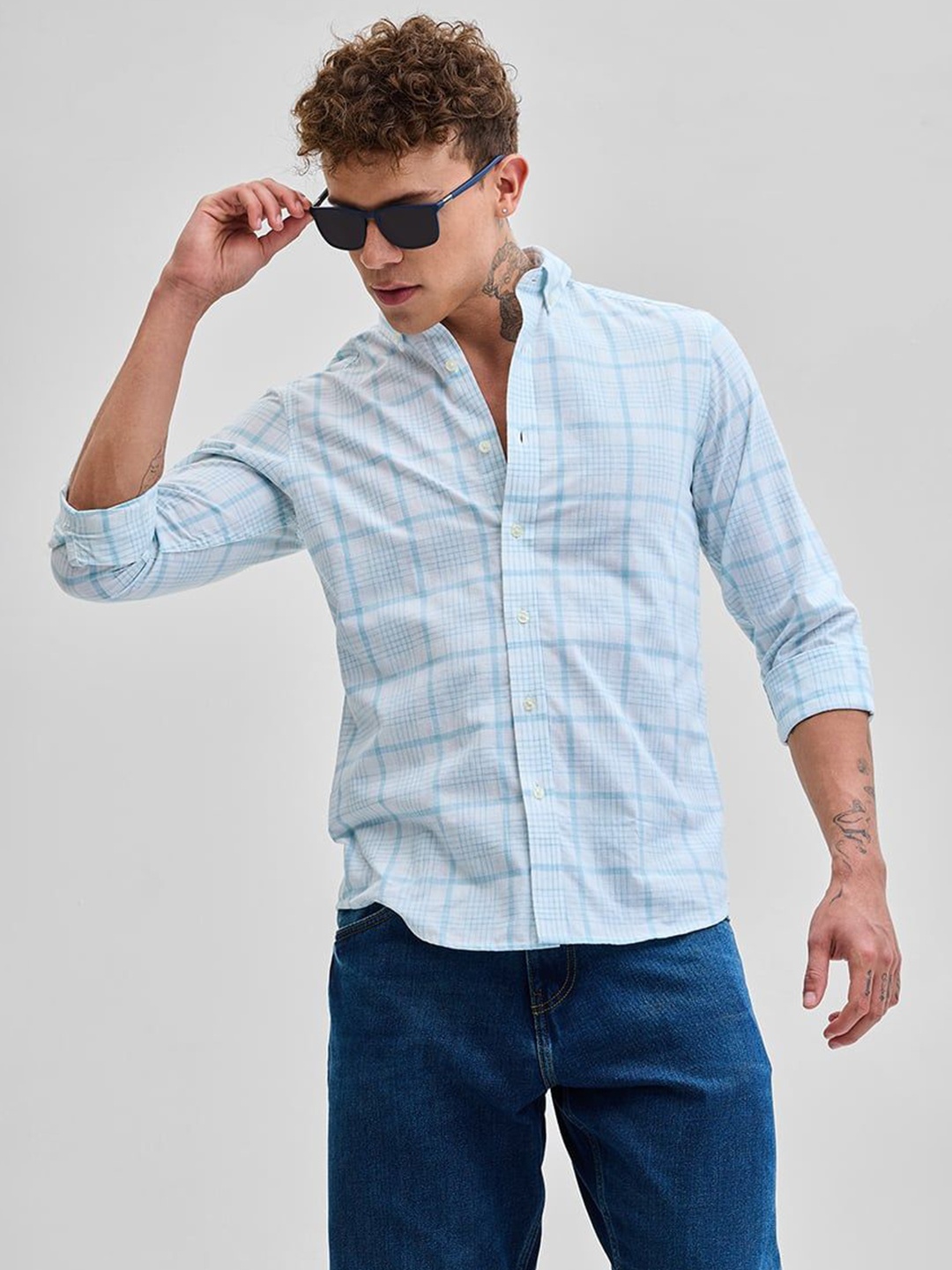 

Snitch Men Smart Button-Down Collar Tartan Checked Cotton Casual Shirt, Blue