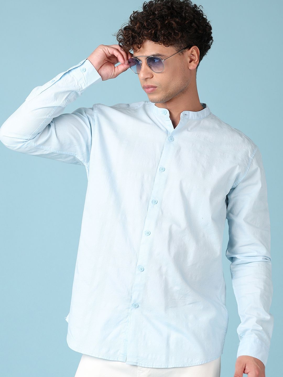 

V-Mart Men Band Collar Textured Cotton Slim Fit Casual Shirt, White