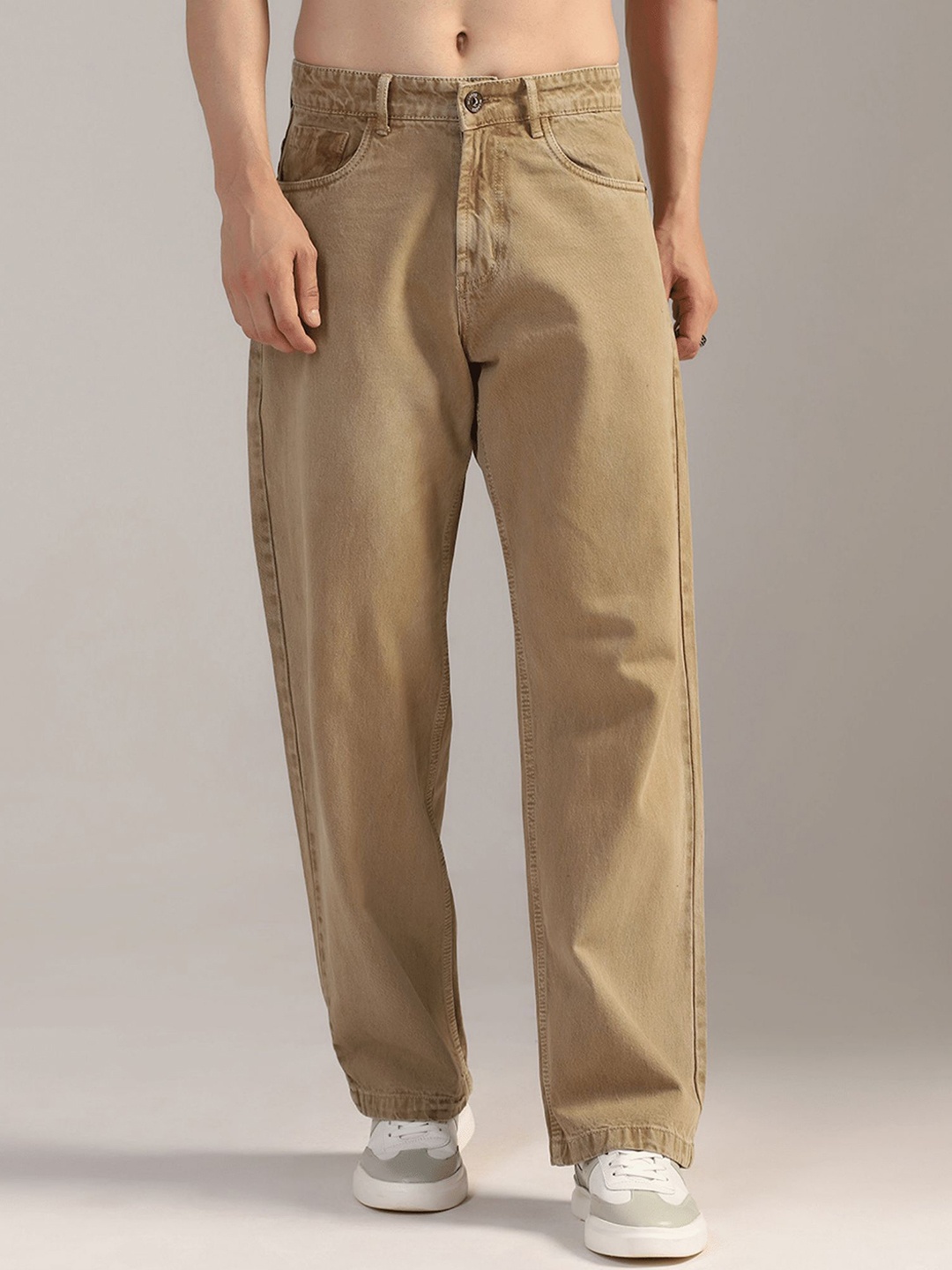 

DI LUSSO Men Cotton Wide Leg Mid-Rise Jeans, Beige