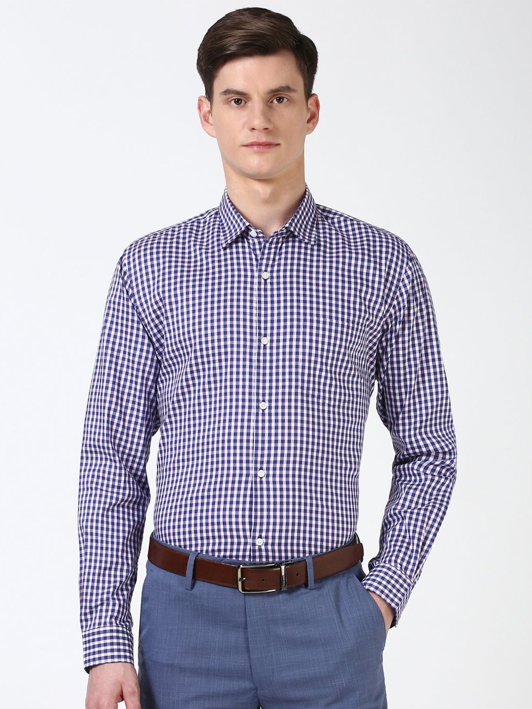 

Peter England Men Spread Collar Micro Checked Cotton Casual Shirt, Navy blue