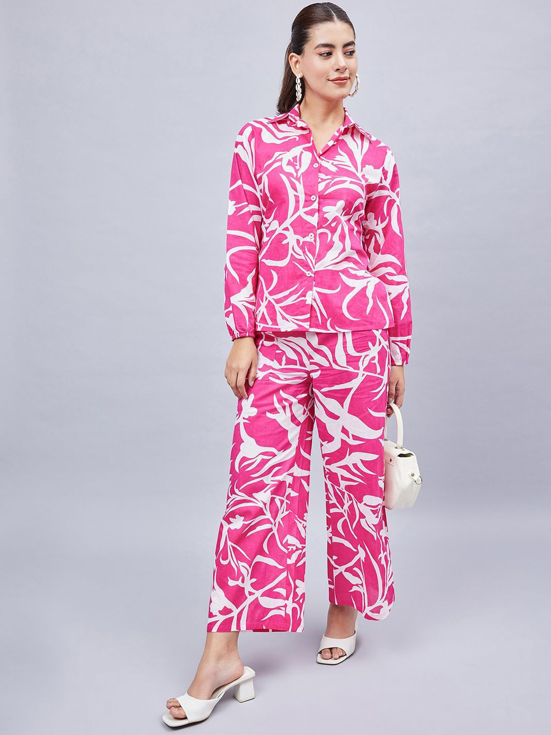 

WineRed Floral Printed Shirt Collar Long Sleeves Pure Cotton Shirt With Trouser, Pink