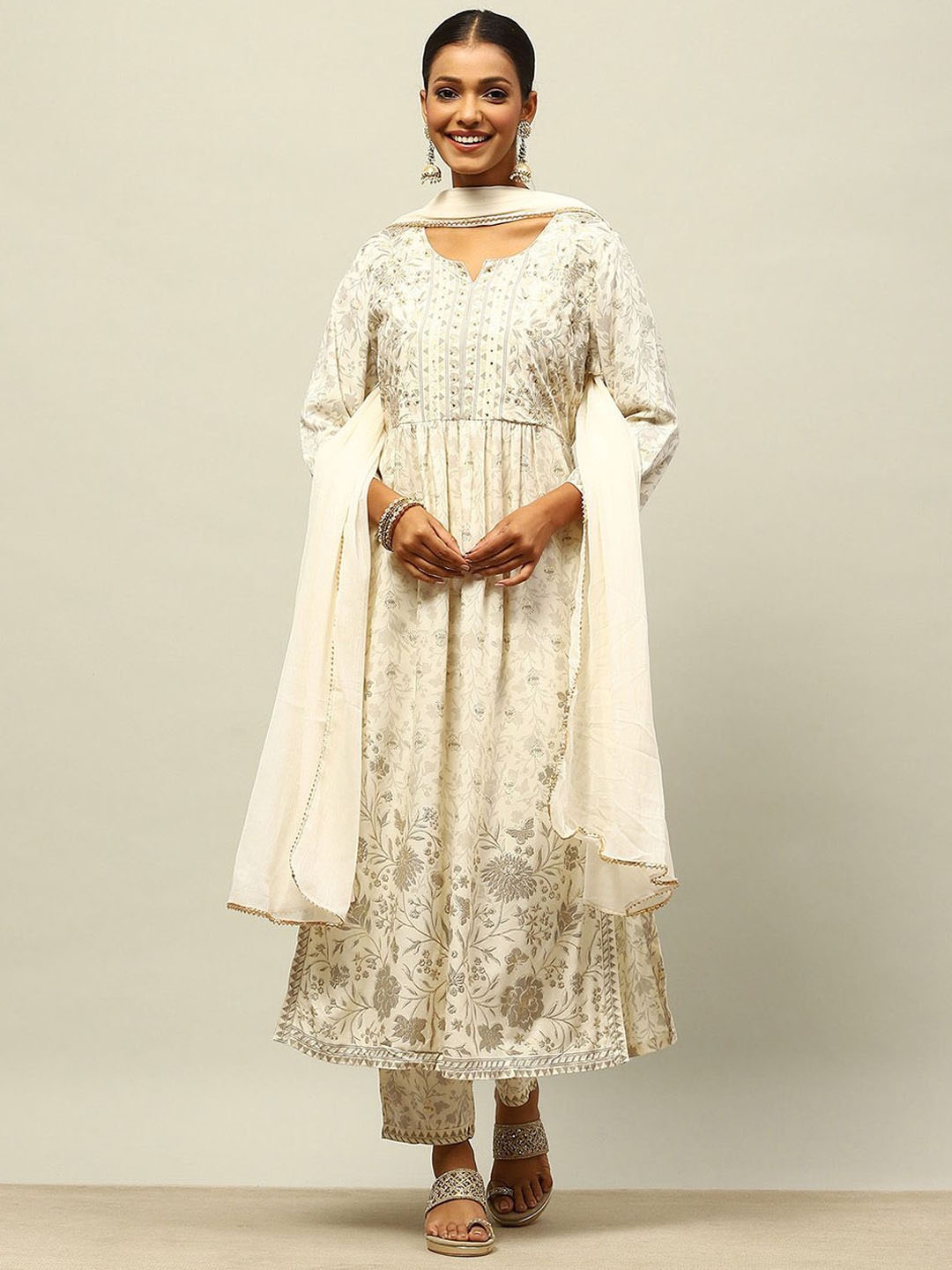 

Rangriti Floral Printed Sequinned Gathered A-Line Kurta With Palazzos & Dupatta, Off white