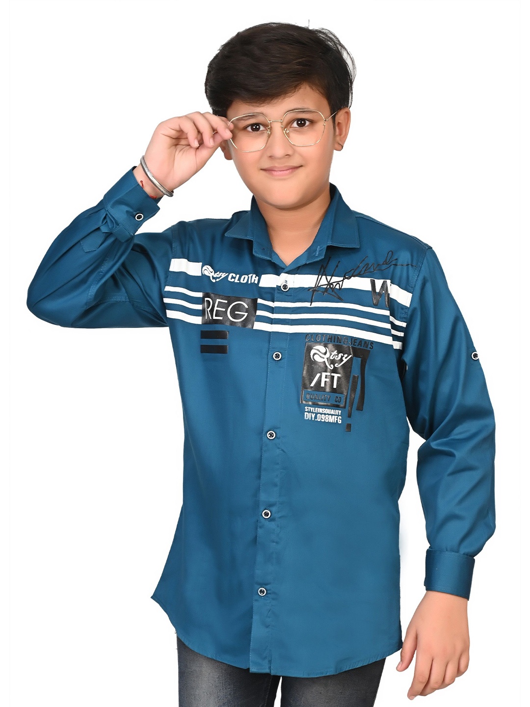 

Eliq Boys Spread Collar Typography Printed Cotton Casual Shirt, Blue