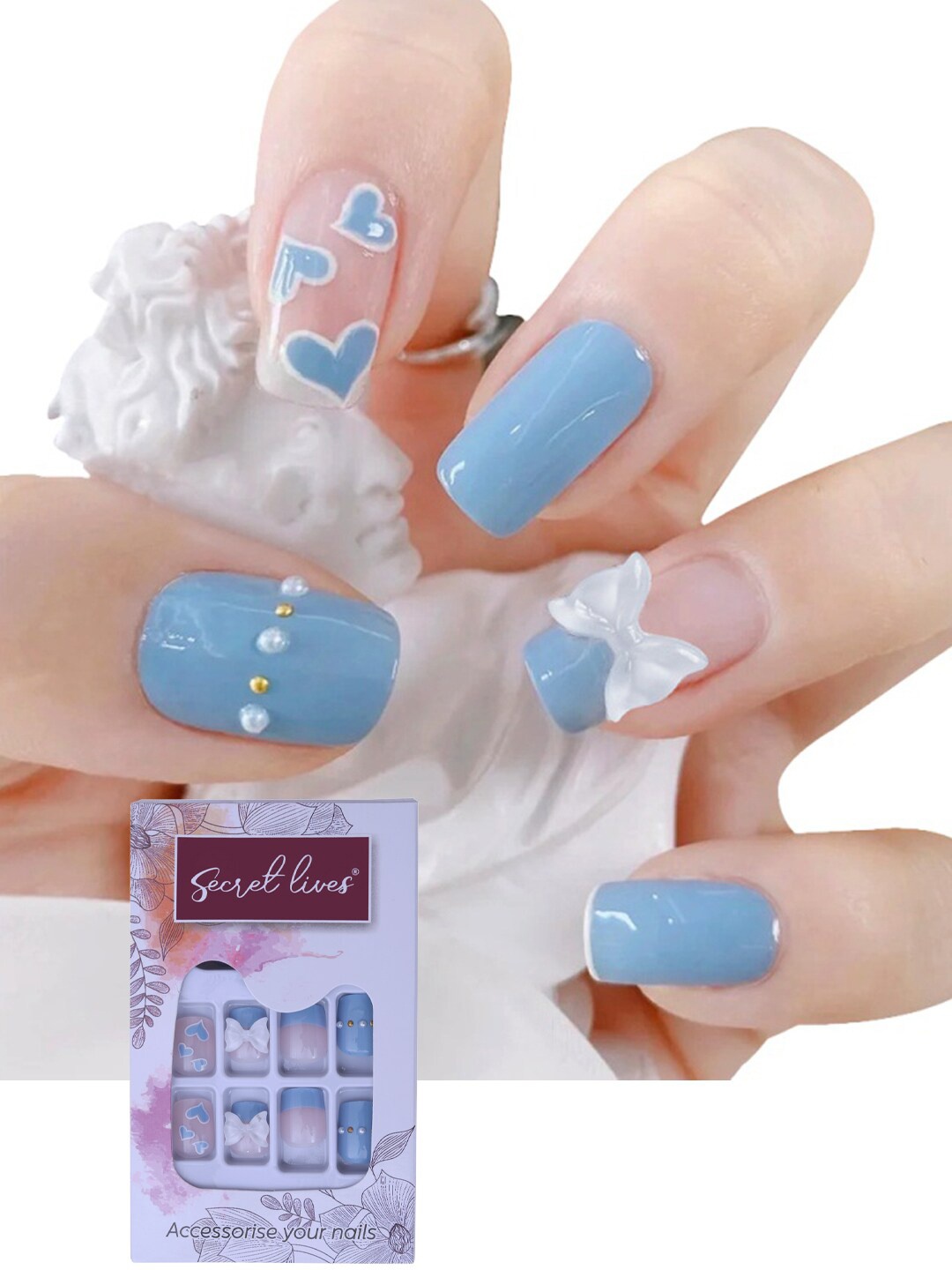 

Secret Lives 24 Pieces Soft Square With 3D Bow Pearls Fake Nails, Blue