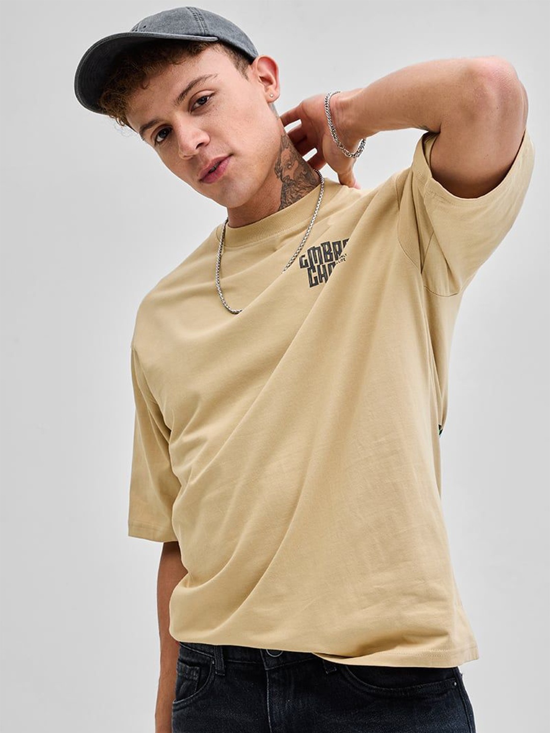 

Snitch Men Graphic Printed Round Neck Cotton Oversized T-shirt, Beige