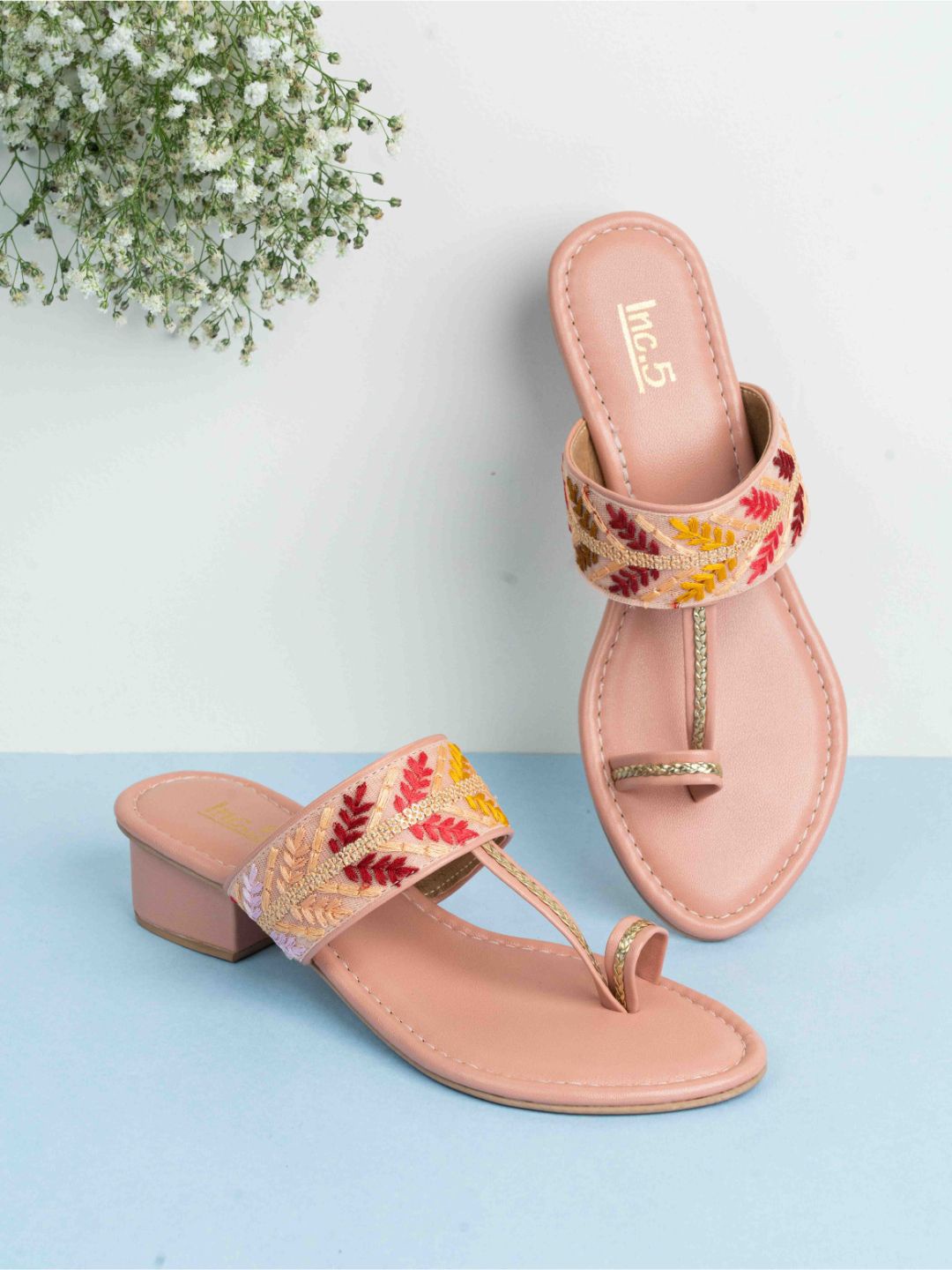 

Inc 5 Women Embellished Ethnic Block Heels Sandals, Peach