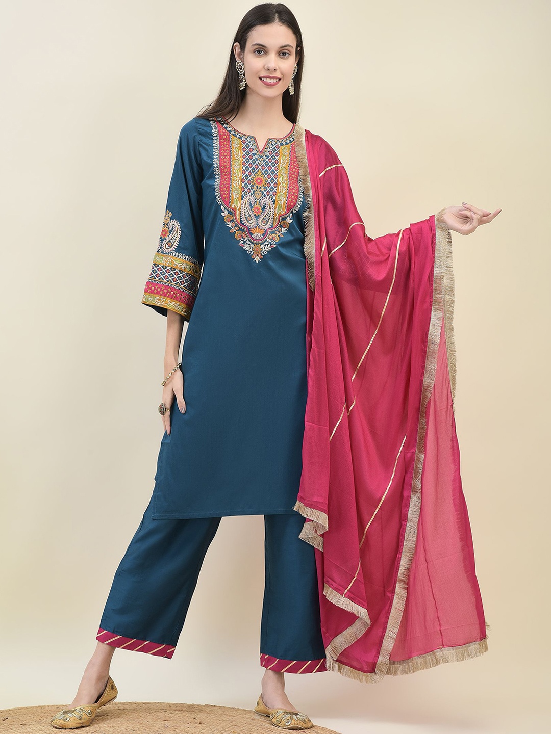 

Shree Floral Yoke Design Thread Work Straight Kurta with Trousers & Dupatta, Blue