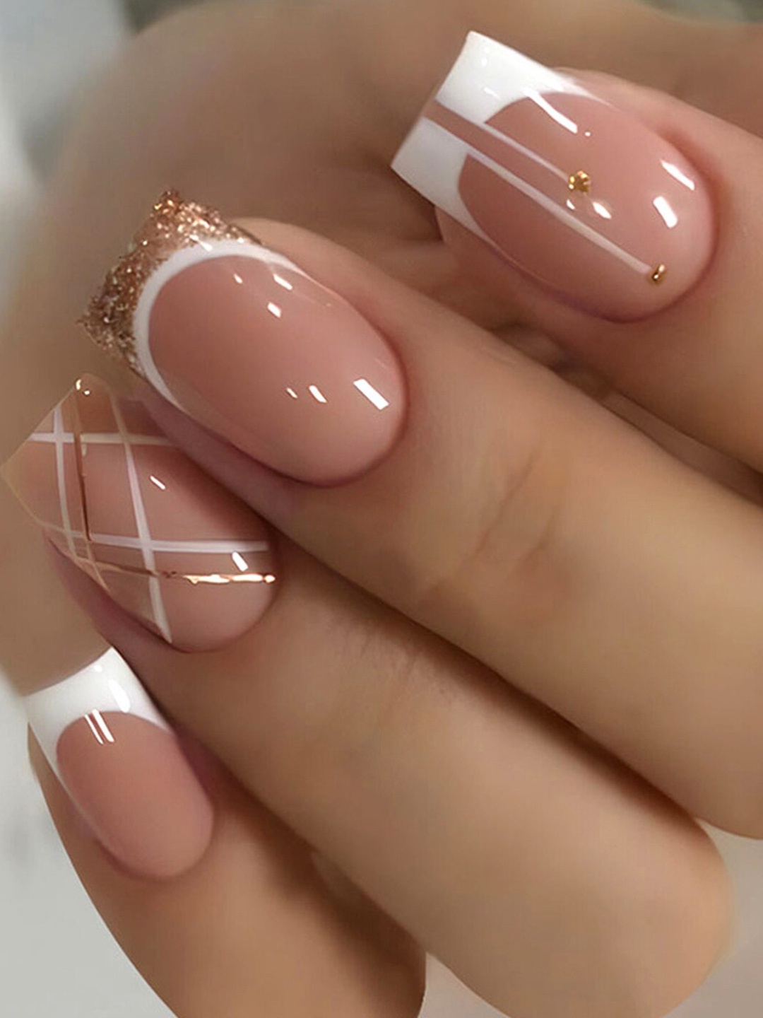 

Secret Lives 24 Pieces French Golden & Check Nail Extensions, Pink